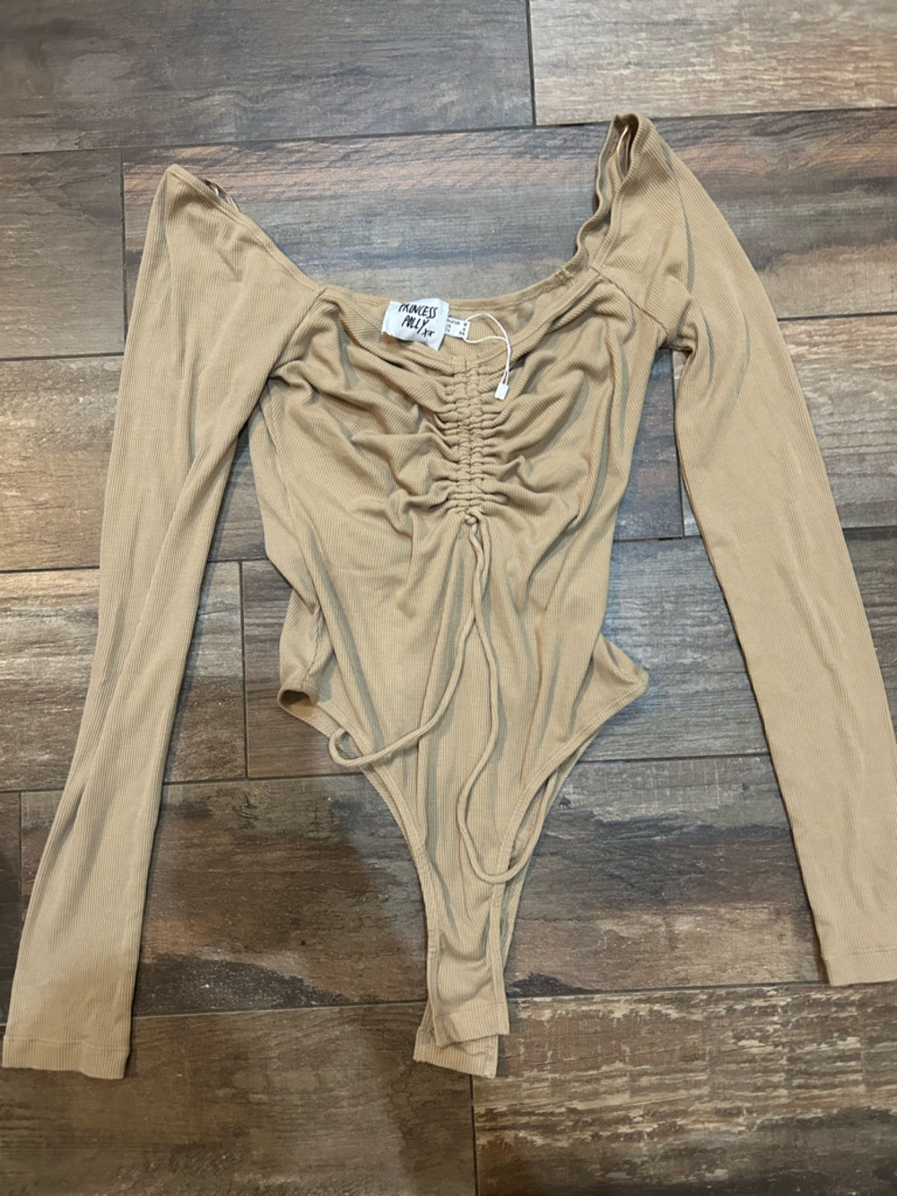 Princess Polly Tan Long-Sleeve Ruched Bodysuit